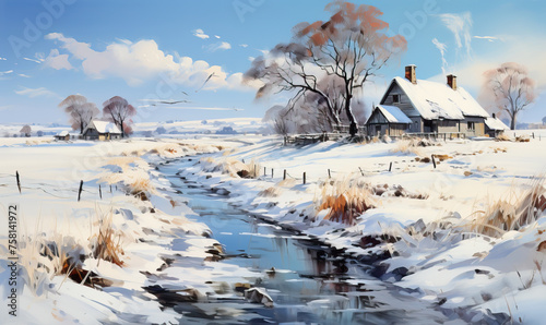 Winter landscape of a snow-covered village during the day.