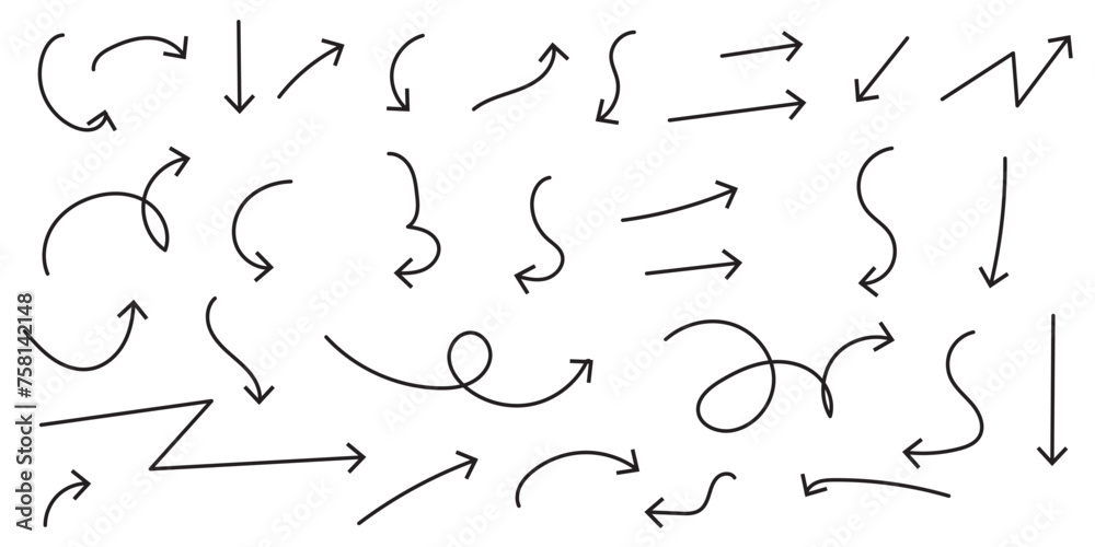 Hand drawn ink pen arrows vector set. various Freehand scribble curved lines, swirl arrows and direction pointers collection Hand drawn ink pen arrows vector set. various Freehand scribble curved lines, swirl arrows and direction pointers collection