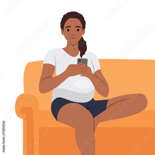 Vector illustration of a pregnant woman using a smartphone in the room sitting on a yellow couch