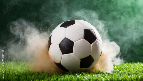 Soccer ball with dust and smoke on green grass. Football field. Blurred dark background © hardvicore