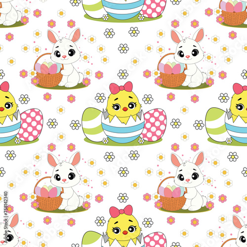 Seamless vector pattern with cute bunnies and chickens on a floral background. Perfect for textile, wallpaper or print design photo