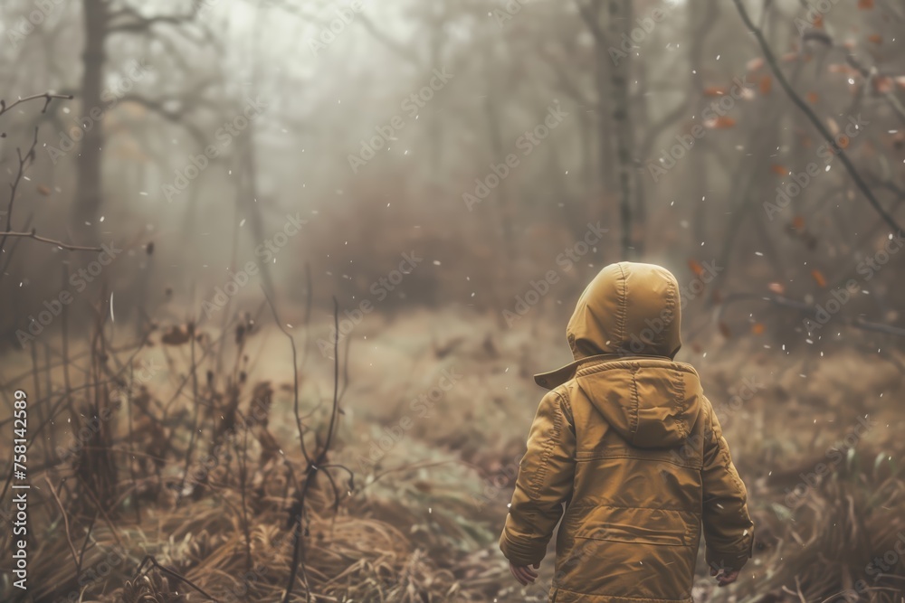 Child exploring misty forest in autumn