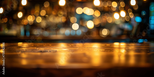 empty wood table top with blurred bar in background, with bokeh lights.for product display montage. Concept for advertising design, layout presentation.banner. empty wooden table on bokeh light 