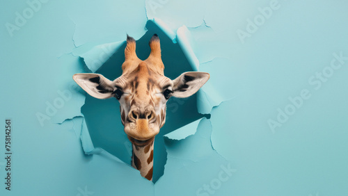 Creative image of giraffe s head poking through a hole in a blue background  portraying surprise and curiosity