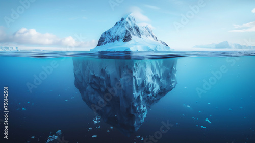 photography capturing the stark contrast between the visible part of an iceberg and its larger hidden underwater section © Rattanachat