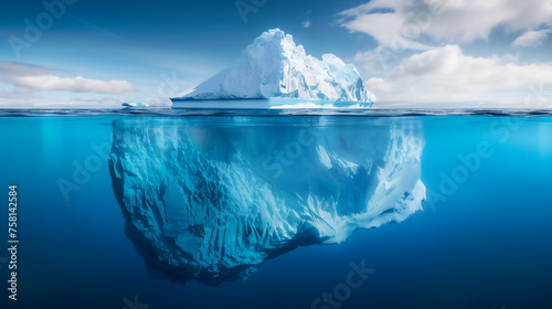 showcasing the colossal size of an iceberg with a significant portion submerged under the ocean © Rattanachat