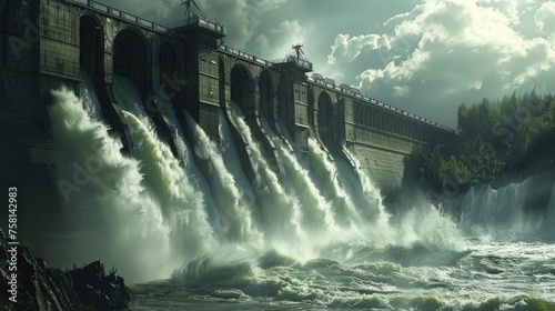 a majestic hydroelectric dam towering against the backdrop of cascading water, highlighting its capacity to harness the energy of fast-flowing streams for clean power generation.