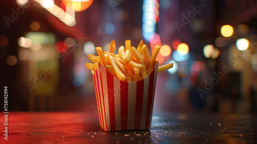 French fries in a red box on the background of the night city