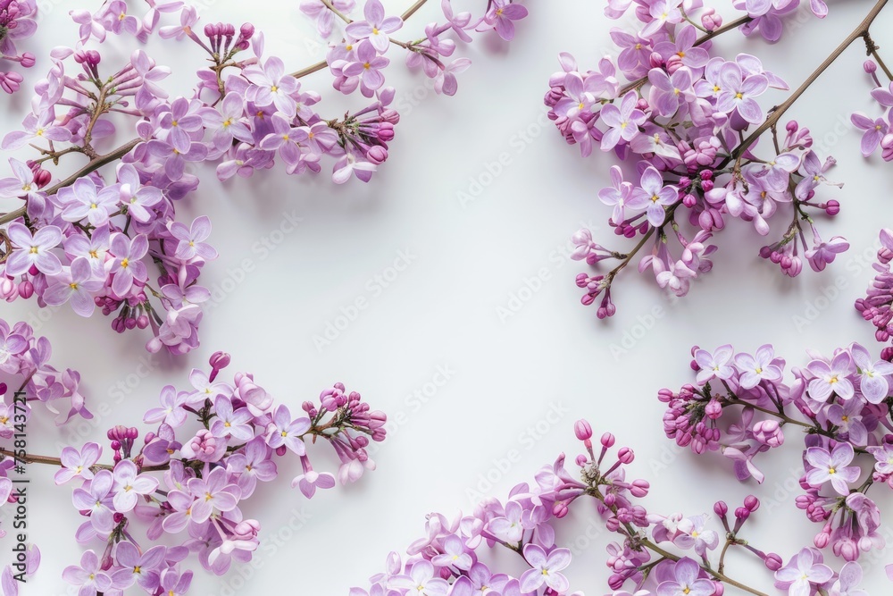 Frame of lilac branches on a white background, spring flowers Frame of lilac branches on a white background, spring flowers