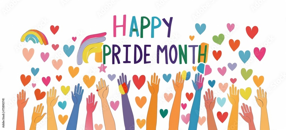 Pride Day themed vector banner with rainbow hearts and raised hands, text Pride Day themed vector banner with rainbow hearts and raised hands, text