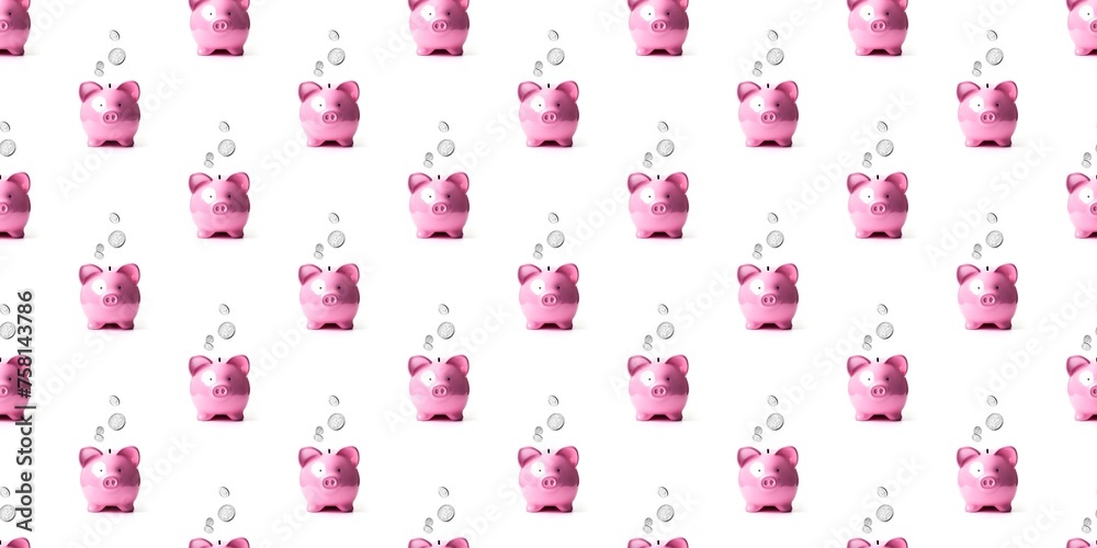 Silver coins fall into pink piggy bank on white background isolated. Minimal repeated seamless pattern graphic. Silver coins fall into pink piggy bank on white background isolated. Minimal repeated seamless pattern graphic.