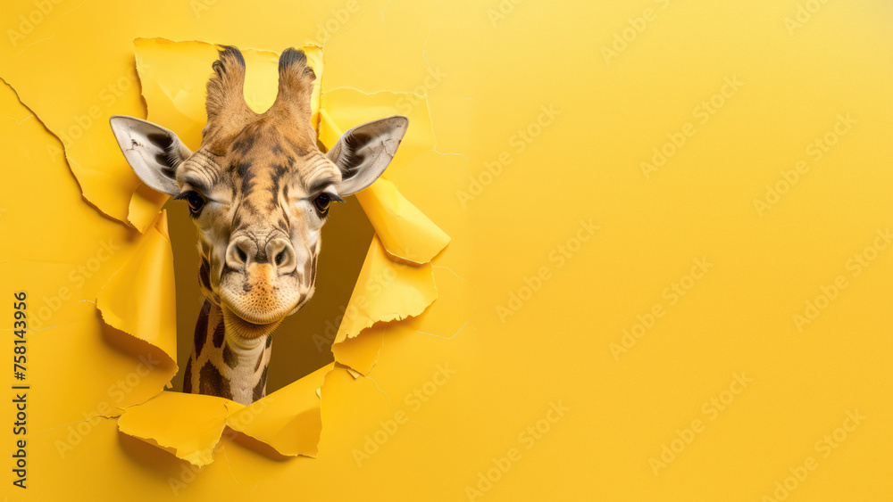 A curious giraffe's head emerges through a torn yellow background, creating a striking and playful image that invites interpretation - obrazy, fototapety, plakaty 