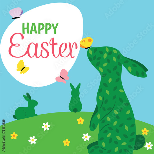 Decoration Rabbit shape topiary illustration Happy Easter greeting card