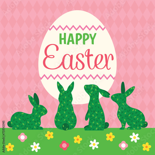 Decoration Rabbit shape topiary illustration Happy Easter greeting card
