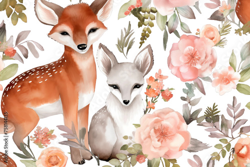 woodland tileable floral pattern seamless Beautiful fox animals watercolor deer bunny photo