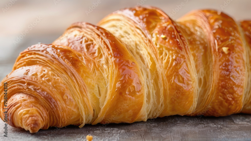 Close-up photograph of a golden-brown, freshly baked croissant, highlighting its flaky layers and inviting aroma, perfect for enticing viewers with the irresistible indulgence of this classic French