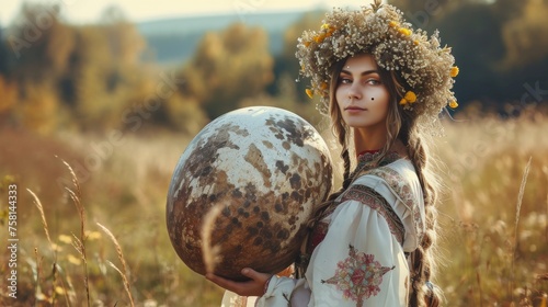 Beautiful girl from the village in a wreath of wildflowers with a large egg photo