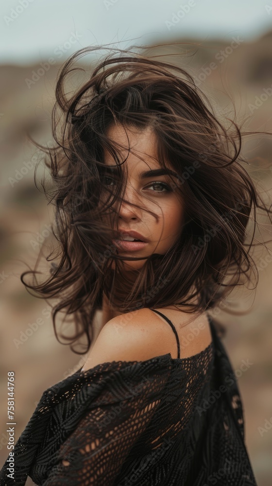 Beautiful Brunette Woman her hair is tousled and wild with playful expression wear black fabric cloth standing against natural rugged landscape created with Generative AI Technology