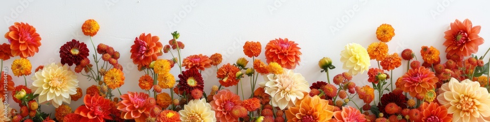 Colorful dahlia flowers on white background. Flat lay, top view. Greeting card for Mother's Day, Woman's Day, Easter, Valentine's Day, Wedding, and Birthday celebration.