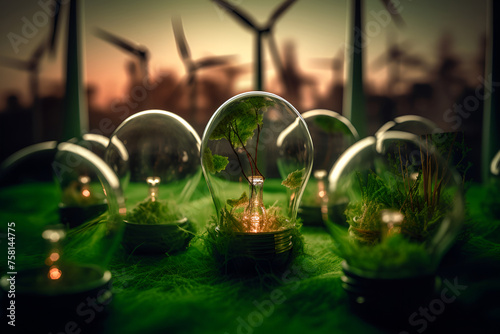 Light bulb, wind turbines on the grass, Earth Day, alternative energy