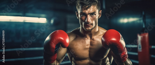 A boxer in a fighting stance in the ring. The moment before the start of the fight, full of concentration and inner strength. The concept of a sports banner
