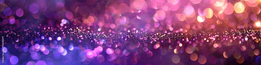 Abstract background with bokeh defocused lights. Panoramic banner. Vibrant purple and pink bokeh lights.