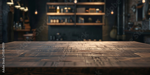  empty wood table top with blurred shelves full of bottles in the bar background, for product display montage. Concept for advertising design, layout presentation.banner