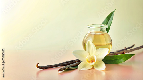 Vanilla Essential Oil in Glass Bottle with Vanilla Pods and Orchid Flower

