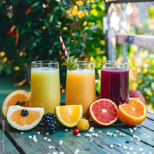 Glasses with different juices and fresh fruits on table ai generated
