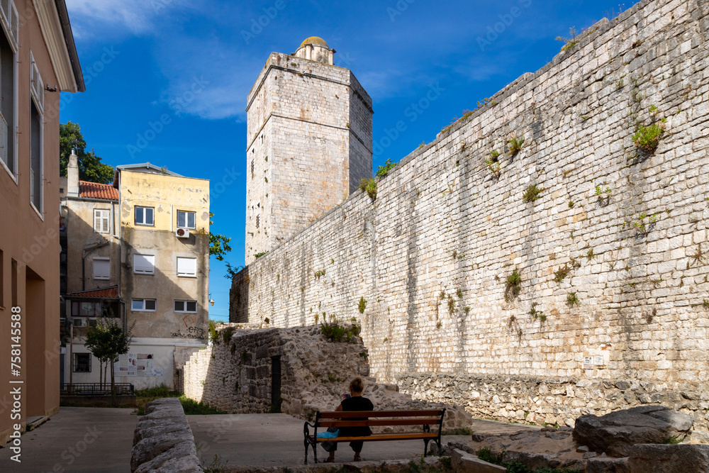 Captain's tower Kapetanova kula Zadarski gradski bedemi, Roman city wall in the old historic center of the city. Zadar, Croatia