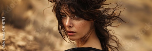 Beautiful Brunette Woman her hair is tousled and wild with playful expression wear black fabric cloth standing against natural rugged landscape created with Generative AI Technology photo