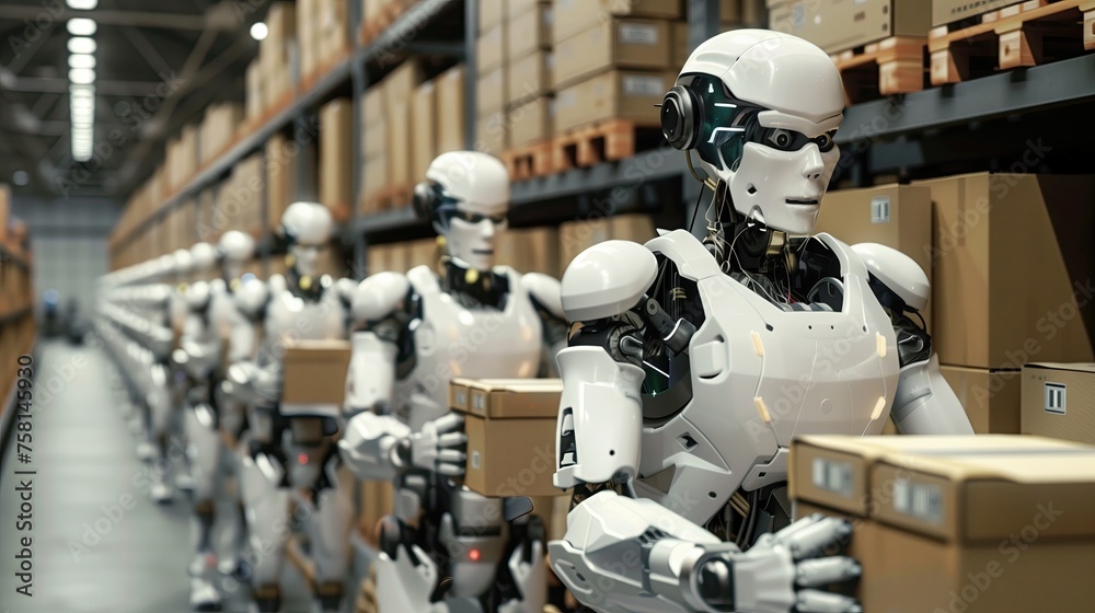 Obraz premium Packing and moving robots working in logistics warehouses.