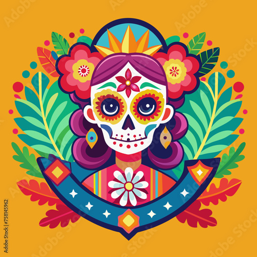 Vibrant spirit of Dia de los Muertos Design a colorful badge that pays homage to the rich traditions and joyful