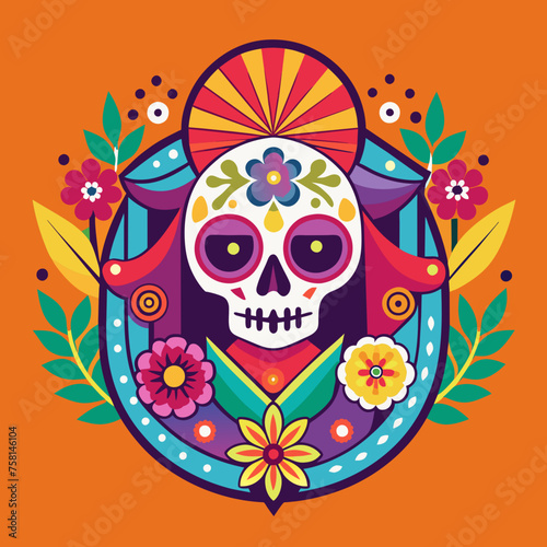 Vibrant spirit of Dia de los Muertos Design a colorful badge that pays homage to the rich traditions and joyful