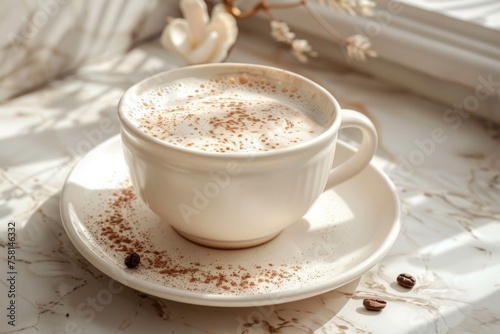 A large cup of aromatic cappuccino on a marble surface. Fragrant latte in a ceramic mug on a light background. Coffee with cinnamon.