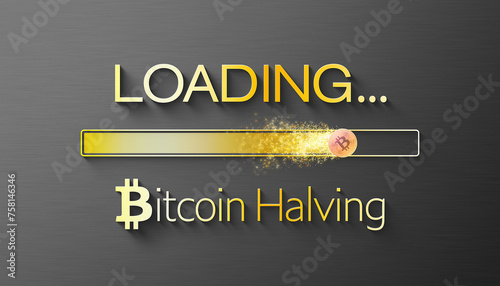 Illustration of a loading bar for Bitcoin halving - BTC crypto coin cracked in two. Reward for Bitcoin cryptocurrency mining is cut in half in 2024 concept. © marog-pixcells