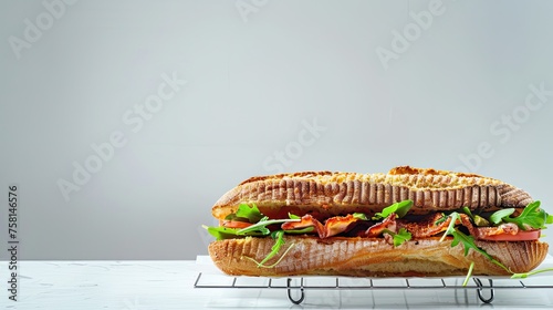 a sandwich with lard sprinkled with spices, beautifully arranged on a white rack against a light background, offering ample space for text.