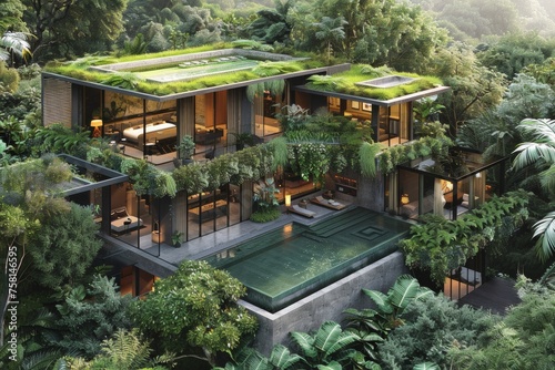 Concept of a modern Balinese glass villa with a swimming pool. View from a distance from above.