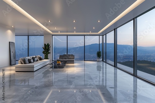 Minimalist white bright interior with large panoramic windows and gray matte floor at night.