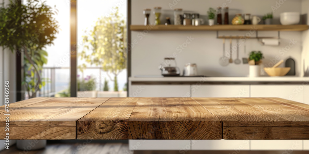 Empty wood table top counter and blur bokeh modern kitchen interior background in clean and bright,Banner, Ready for product montage, 
