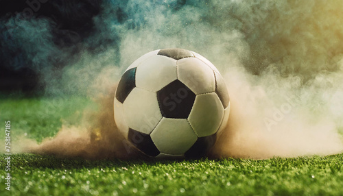 Soccer ball with dust and smoke on green grass. Football field. Blurred dark background © hardvicore