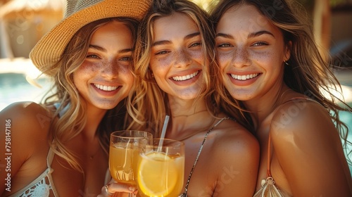 Three girls hug and laugh while drinking cocktails against the background of a swimming pool. Frank laughter. wide shot to the waist. The cocktail is yellow, the girl is wearing a hat. Go-pro shot.