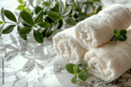 Three white neatly rolled towels on a white marble background. The background is blurred, the towels in the foreground are at an angle. View slightly from above. Add spa decor.