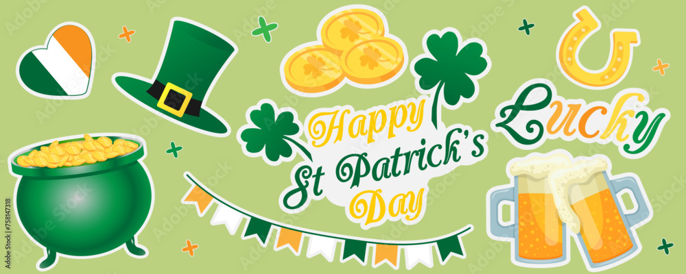 St. Patricks day stickers vector icons clover leaves, hat, gold coins, garland, Ireland flag, horseshoe, text, beer mugs
