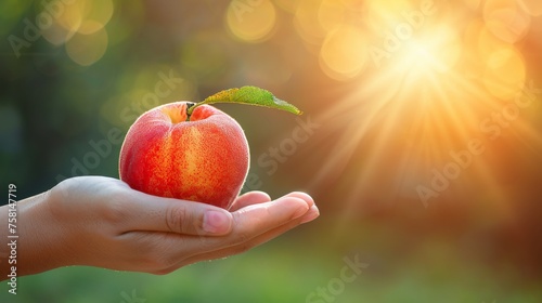 Ripe peach held in hand, selecting peaches with blurred background and space for text