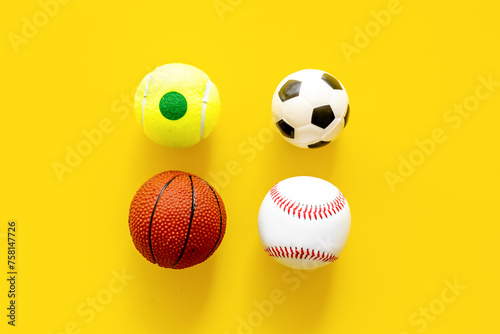 Team sport balls, top view. Sport games background