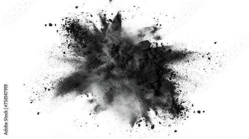 Black chalk pieces and flying powder Explosion effect isolated on white