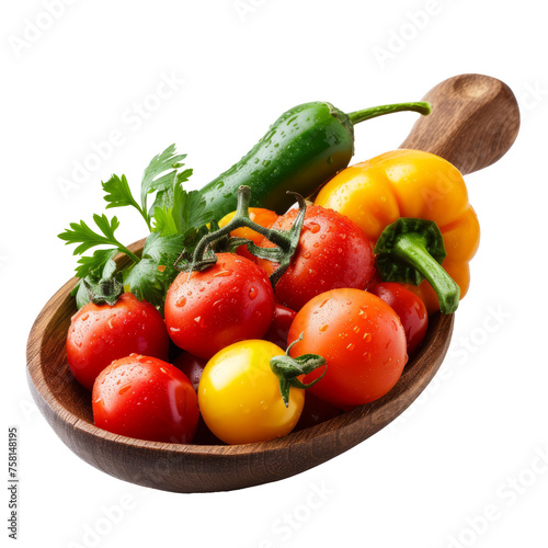 vegetables in a wooden spoon isolated on transparent background With clipping path. cut out. 3d render
