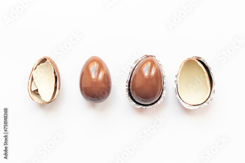 Chocolate eggs and sweets flat lay. Chocolates background