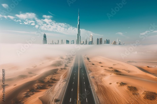 A road in the middle of a desert with a city in the background